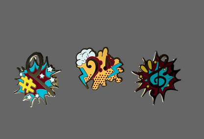 Set of Reward pins for Piano, guitar, violin or drum lessons,  gold metal.