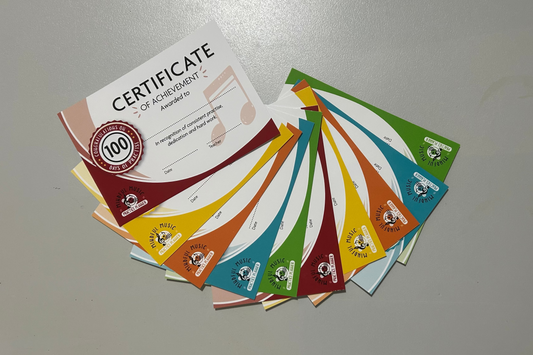 Collection of colourful certificates suitable for piano, guitar, violin or drum lessons and tuition.
